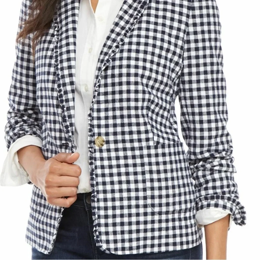Crown & Ivy Navy Gingham Linen Cotton Blazer Ruffle Trim Size 8 - Picture 11 of 11